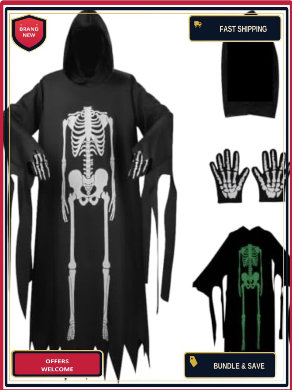 Halloween Horror Scary Skeleton Hooded Robe Costume Set Gloves Mask